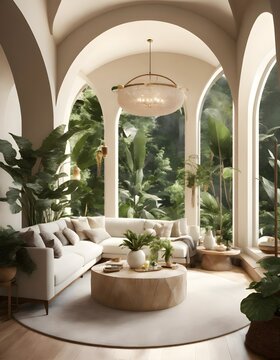 Extremely lifelike image of a modern take on a little apartment with circular arches, white cream stone, light wood interior, and tropical greenery, inspired by Rivendell and Lothlorien