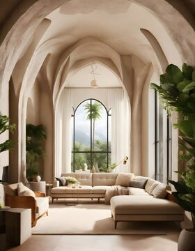 Extremely lifelike image of a modern take on a little apartment with circular arches, white cream stone, light wood interior, and tropical greenery, inspired by Rivendell and Lothlorien