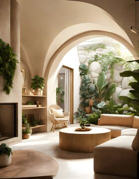 Extremely lifelike image of a modern take on a little apartment with circular arches, white cream stone, light wood interior, and tropical greenery, inspired by Rivendell and Lothlorien