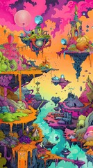 Intricate doodle of a dreamscape with floating islands and surreal landscapes, vibrant and imaginative, high resolution, 8K clarity