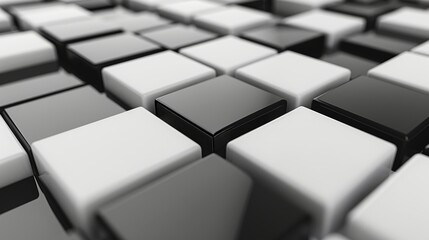 A simplistic 3D abstract composition, layered squares, seamless design. Monochrome background with soft reflections. Colors: matte white, glossy black. Soft, diffuse lighting, subtle shadows. Created 