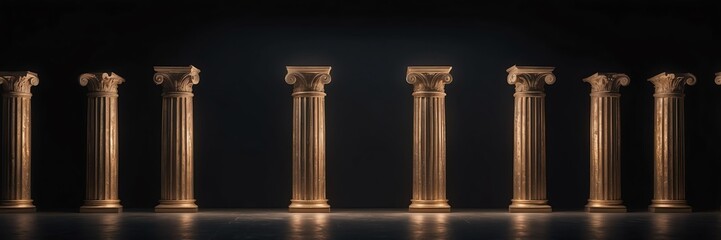 Fototapeta premium bronze roman greek columns lighting on plain black background banner copyspace