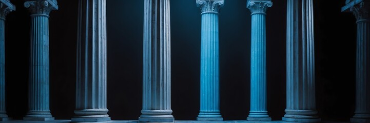 roman greek columns with blue lighting on plain black background banner copyspace