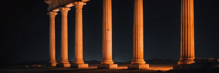 Fototapeta premium roman greek columns with orange lighting on plain black background banner copyspace
