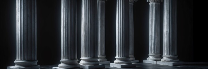 Obraz premium silver roman greek columns lighting on plain black background banner copyspace