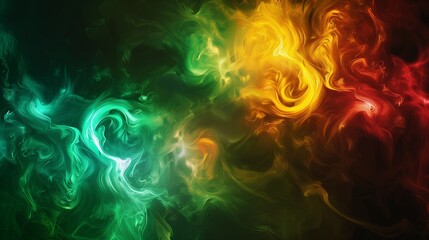 Dynamic smoky abstract background featuring swirling patterns of emerald green, bright yellow, and deep red, evoking a sense of movement.