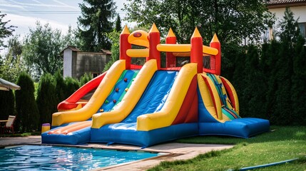 Colorful inflatable slides in the yard of a private house.