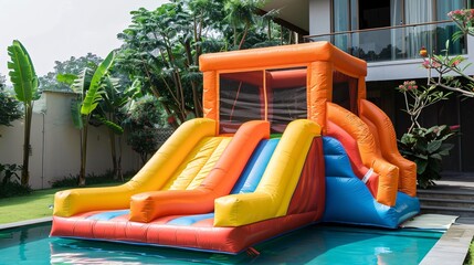 Colorful inflatable slides in the yard of a private house.