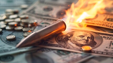 Burning bullet on the background of dollar bills. The concept of financial crisis.