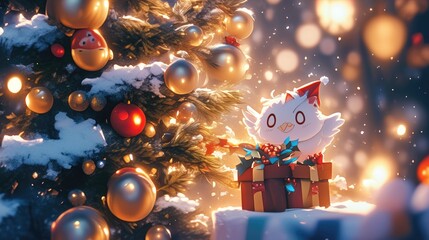 Incorporating adorable geeky gamer elements our Christmas tree is decked out in a whimsical cartoon character design with a snowy twist