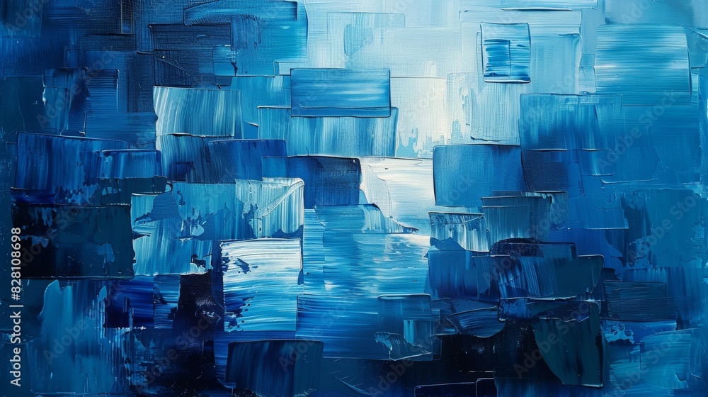 Poster abstract painting using blocks of blue color to create depth and movement.