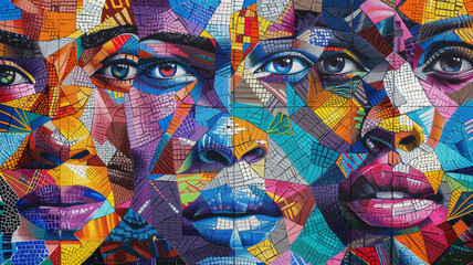 Fototapeta premium Vibrant faces with geometric patterns. Contemporary Art, Pointillism style. Unity and diversity theme. 