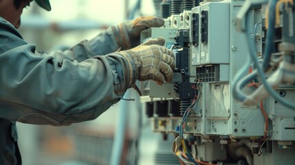 Technician adjusts electrical panels on industrial equipment, Created with Generative AI.