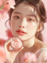 a young, beautiful girl of Korean origin. the girl has a model appearance. The girl’s skin shines, her facial skin is moisturized and soft. Her flawless facial skin is like a rose petal, soft 