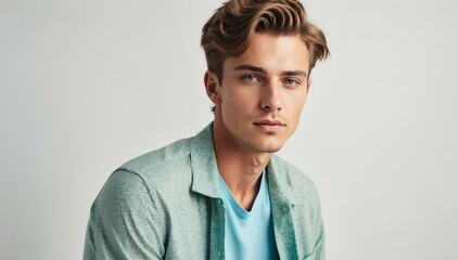 Fototapeta premium handsome young caucasian guy on summer outfit fashion style on plain bright studio background