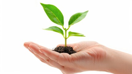 A close-up of a young seedling sprouting from rich, dark soil, with dewdrops glistening on its leaves against a clear white background