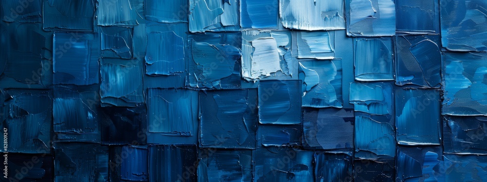 Poster Abstract painting using blocks of blue color to create depth and movement.