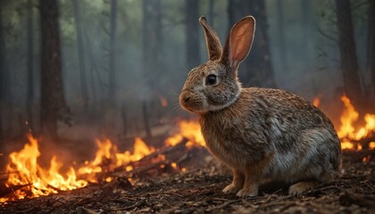 Fototapeta premium A poor little rabbit is trying to escape from a burning forest. A mournful look pierces the viewer in a plea not to make fires in the forests.