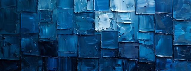 Abstract painting using blocks of blue color to create depth and movement.