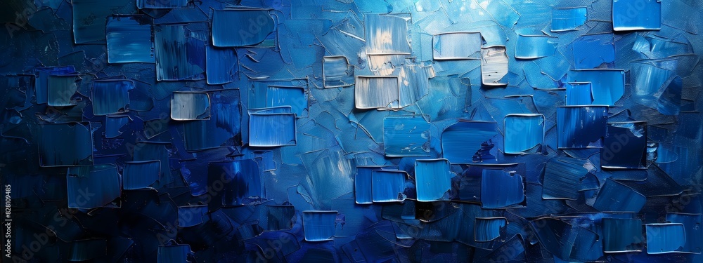 Poster abstract painting using blocks of blue color to create depth and movement.