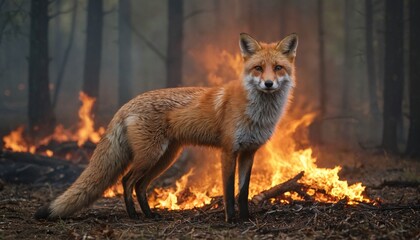 Fototapeta premium A red fox is trapped in a fire of a burning forest. The red fox is looking for a way out.