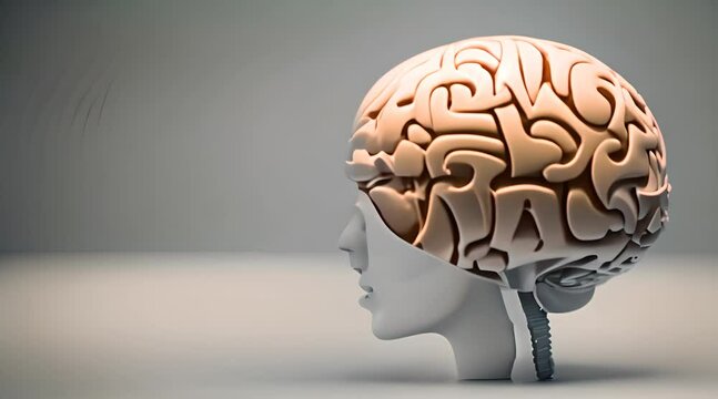 Human brain 3d graphic with stem and cerebellum. Convolutions of the brain. Side view