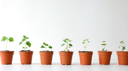 A collection of various seedlings in small planters, demonstrating diversity in plant species, against a white background