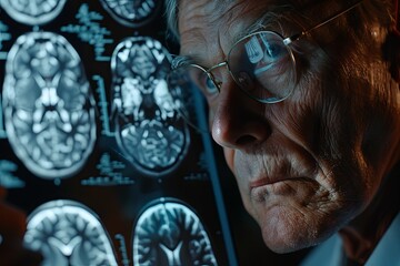 A senior medical research scientist wearing glasses is focused on analyzing data on a computer screen