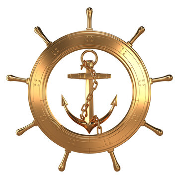 recommend clip art: Ship steering wheel with anchor inside, Golden color