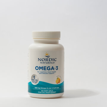 Davis, CA, 11 May, 2024. Bottle of Omega-3 fatty acids supplement, softgels, dietary suppement on white background, centered, front view, from Nordic Naturals 