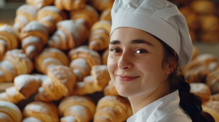 Portraits of young female bakers, white headscarves and aprons holding sweet bread fresh from the oven at a bakery,