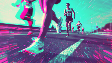 Synthwave effect macro portrait of a professional runner shoes running on a race