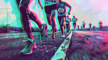 Synthwave effect macro portrait of a professional runner shoes running on a race