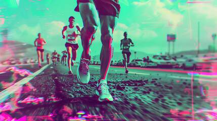Synthwave effect macro portrait of a professional runner shoes running on a race
