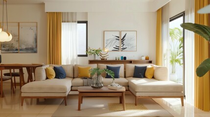 Fototapeta premium An open living room with yellow and blue pillows on the sofa, yellow curtains by the window, and a potted plant inside. The dining table is made of wood similar to Muji st