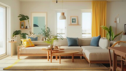 An open living room with yellow and blue pillows on the sofa, yellow curtains by the window, and a potted plant inside. The dining table is made of wood similar to Muji st