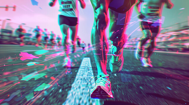 Synthwave effect macro portrait of a professional runner shoes running on a race