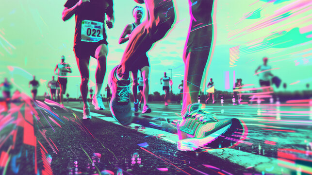 Synthwave effect macro portrait of a professional runner shoes running on a race