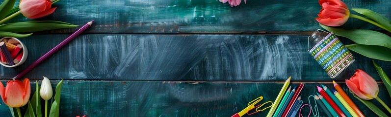 blank chalk board and tulip flower