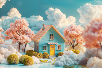 3D Whimsical Blue Cottage with Yellow Door Surrounded by Blooming Trees and Cotton-like Clouds