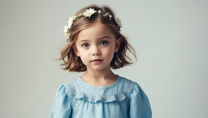 beautiful kid girl on summer outfit fashion style on plain bright studio background