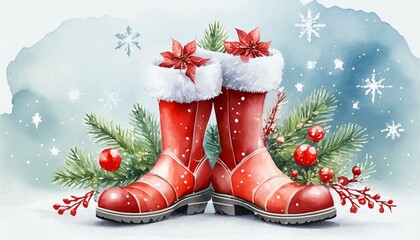 Christmas watercolor painting santas boots. Vector illustration