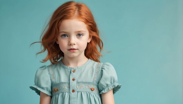beautiful kid redhead girl on summer outfit fashion style on plain bright studio background
