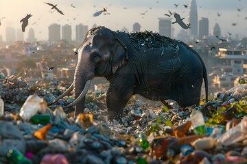 a elephant is in a rubbish heap