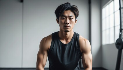 Obraz premium young attractive japanese guy fitness trained lifestyle portrait on plain studio background