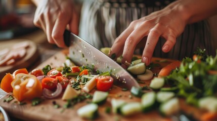 A close up of a female s hands chopping and peeling vegetables with a knife to prepare a salad