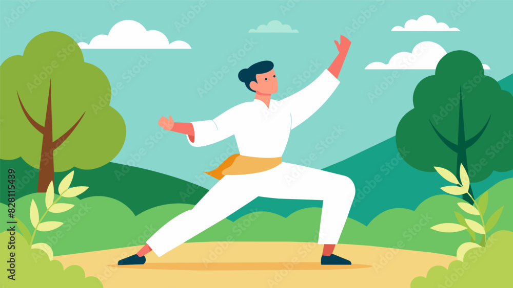 Poster Inhaling deeply a mans arms slowly rise and fall in unison with the gentle swaying of nearby trees as he performs Tai Chi in the park.. Vector illustration