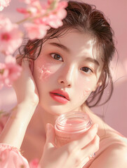 a young, beautiful girl of Korean origin. the girl has a model appearance. The girl’s skin shines, her facial skin is moisturized and soft. Her flawless facial skin is like a rose petal, soft
