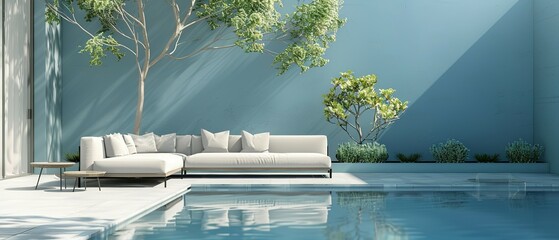 A Modern Sofa Harmonizes with a Light Blue Wall and Sparkling Pool, Creating a Backyard Paradise
