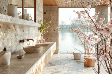Minimalist contemporary bathroom of a hotel by lake with cherry blossoms